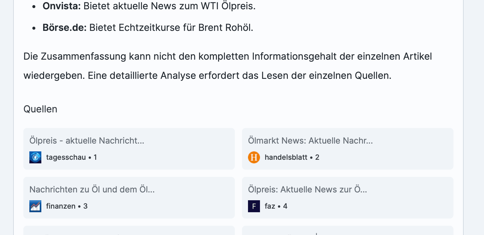 Screenshot der Suchergebnisse im Internet Durchsuchen-Tool mit Liste relevanter Quellen und Links