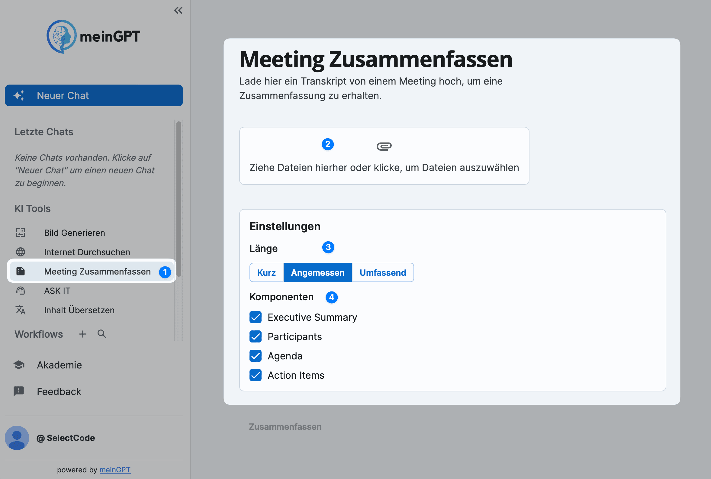 Screenshot der Benutzeroberfläche des Meeting-Zusammenfassungstools auf der meinGPT-Plattform, mit Upload-Option für Transkriptdateien und Auswahl für Zusammenfassungseinstellungen